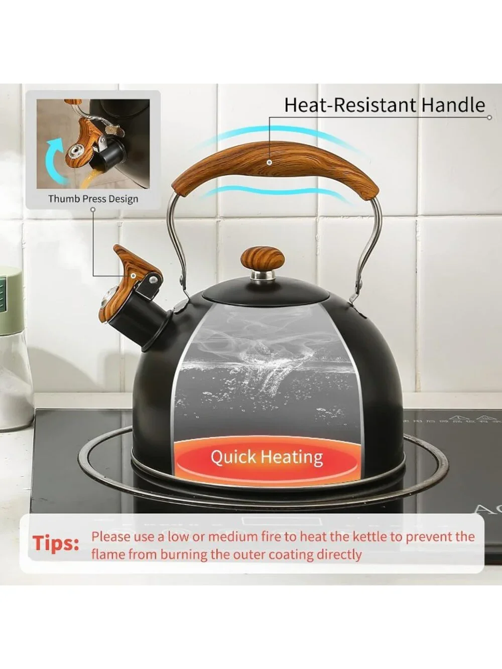 Black Kitchen Whistling Tea Kettle 2.5 Quart Stainless Steel Wood Folding Handle